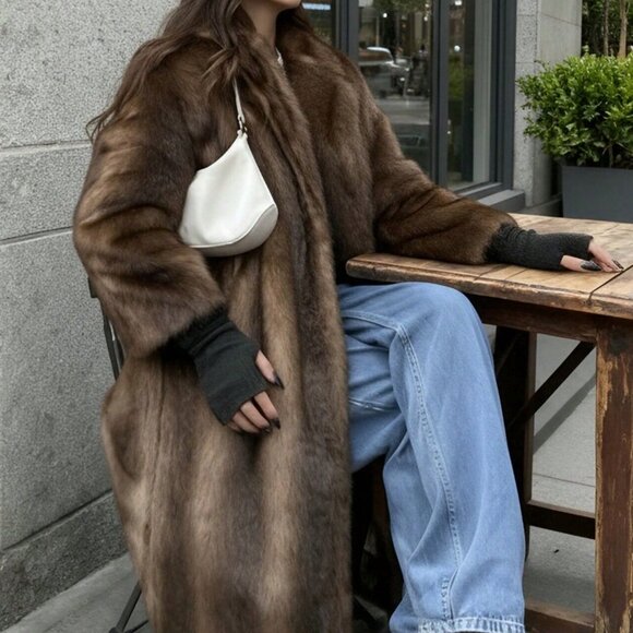 Coffee Brown Casual Women's Loose Long Faux Fur Coat - Picture 4 of 8